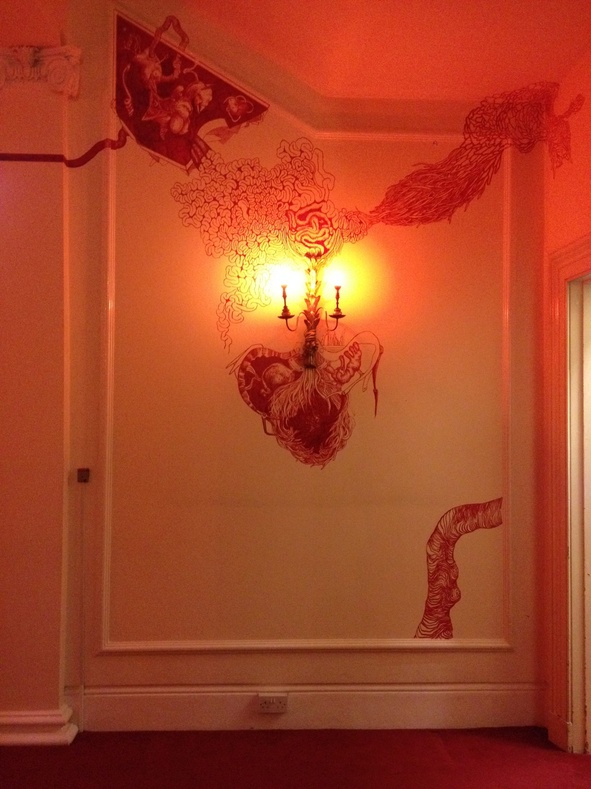 10 – Gardnerella. Drawing in situ. Red alcohol based ink on walls. Tunisia The new picture, Tunisian Embassy. London. 2016.
