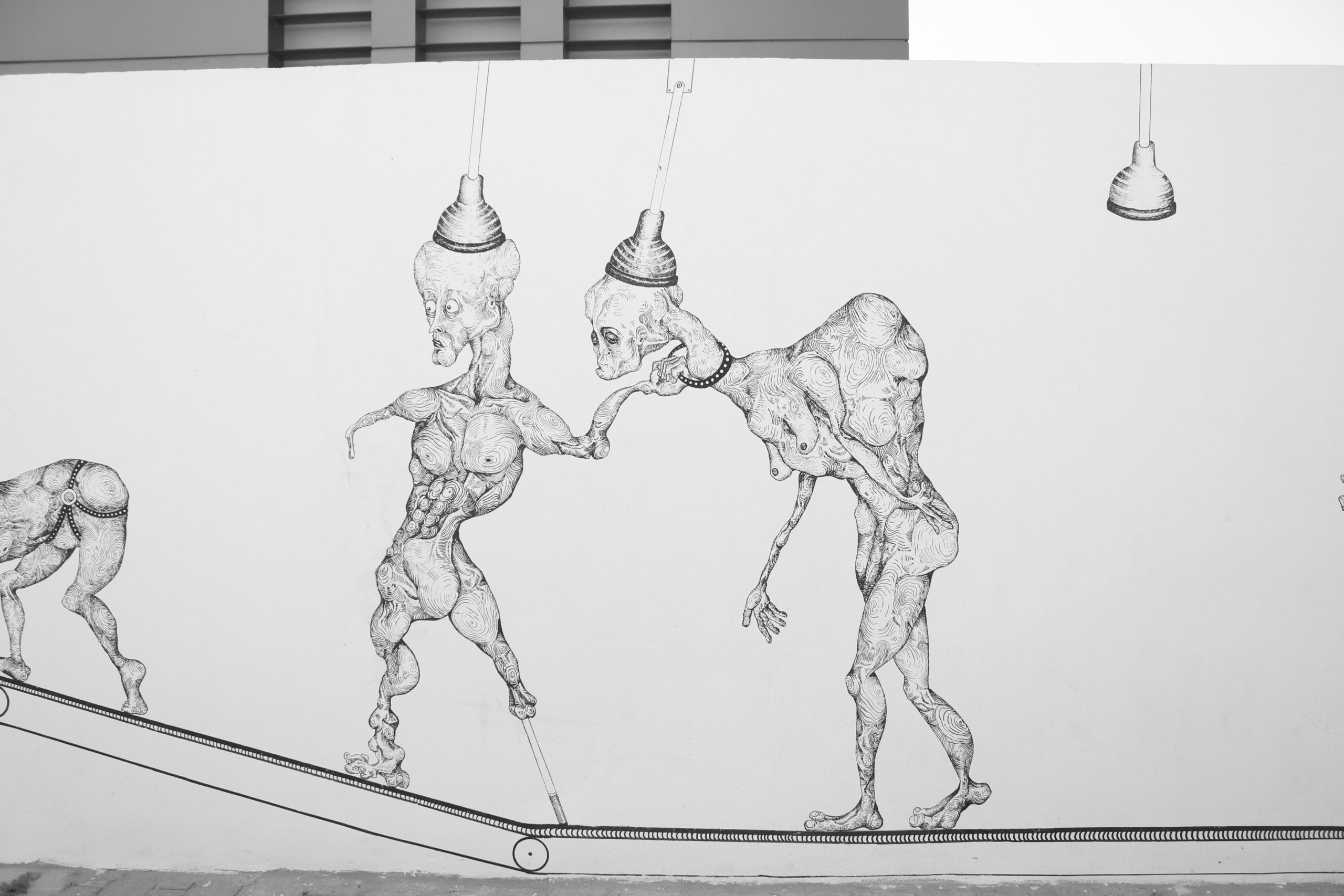 13. Machina Infernalis. Drawing in situ. Ink on wall. 350 x 7000 cm. Circumambulations. Expo Talan. Tunis. 2014