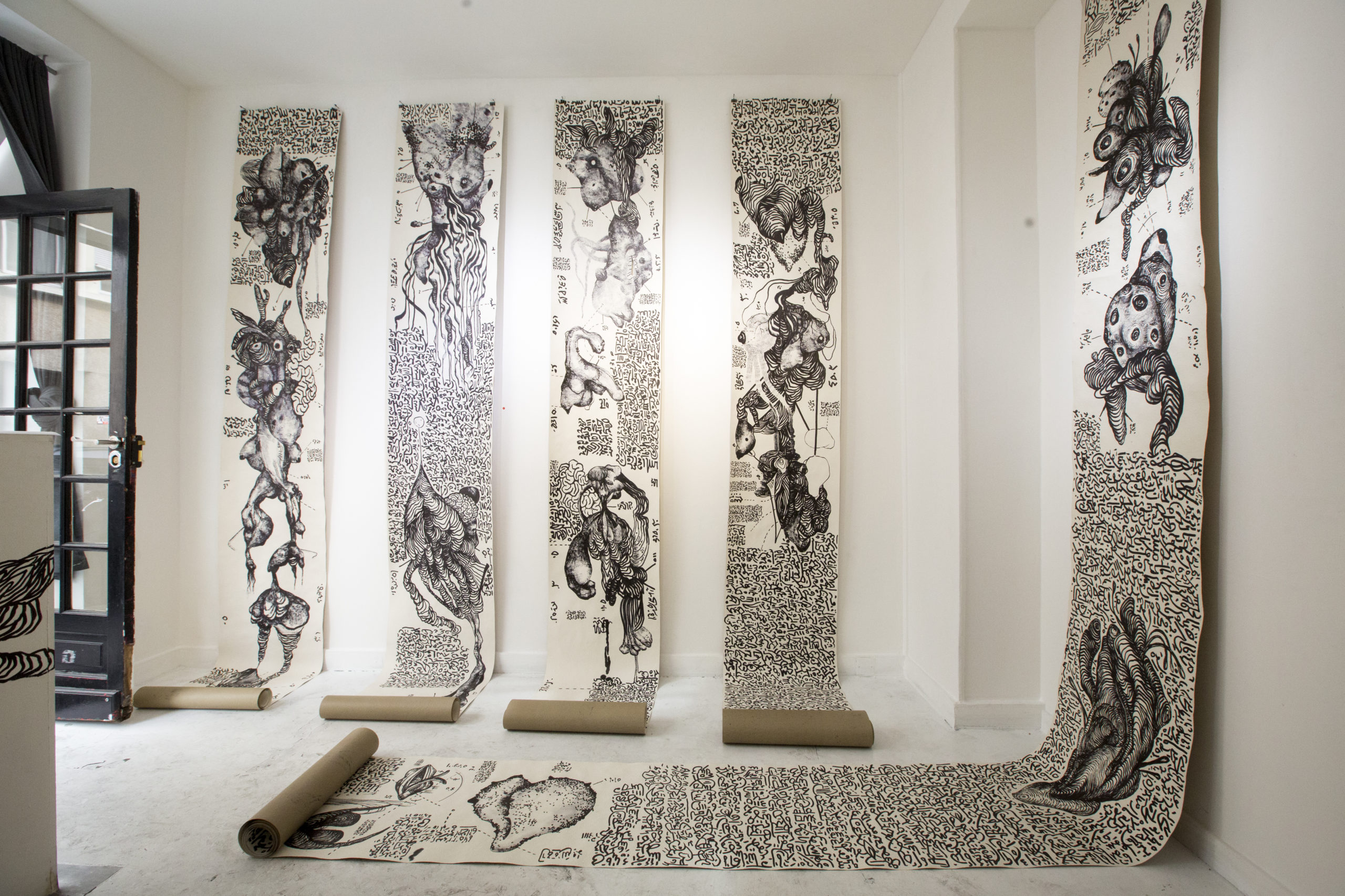 2. Gonorrhea. Exhibition view. Ink on raw wallpapers. Galerie La La Lande. Paris. 2019